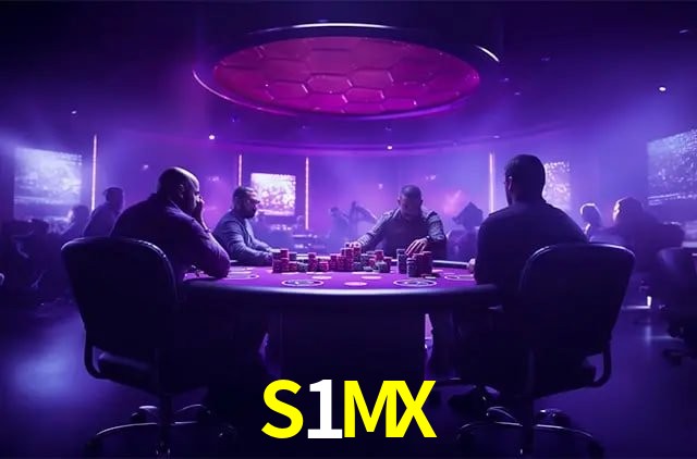 Una escena digital vívida inspirada en casino con S1MX mostrado prominentemente, luces brillantes, fichas, cartas y acentos dorados.