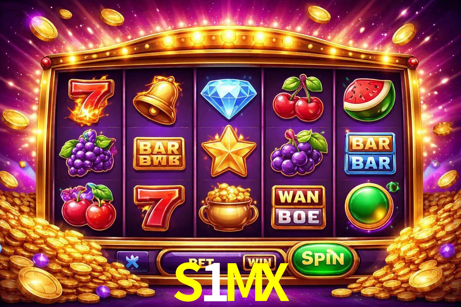 Una interfaz colorida de tragamonedas en línea con símbolos brillantes, monedas y un efecto de victoria celebratoria en S1MX.