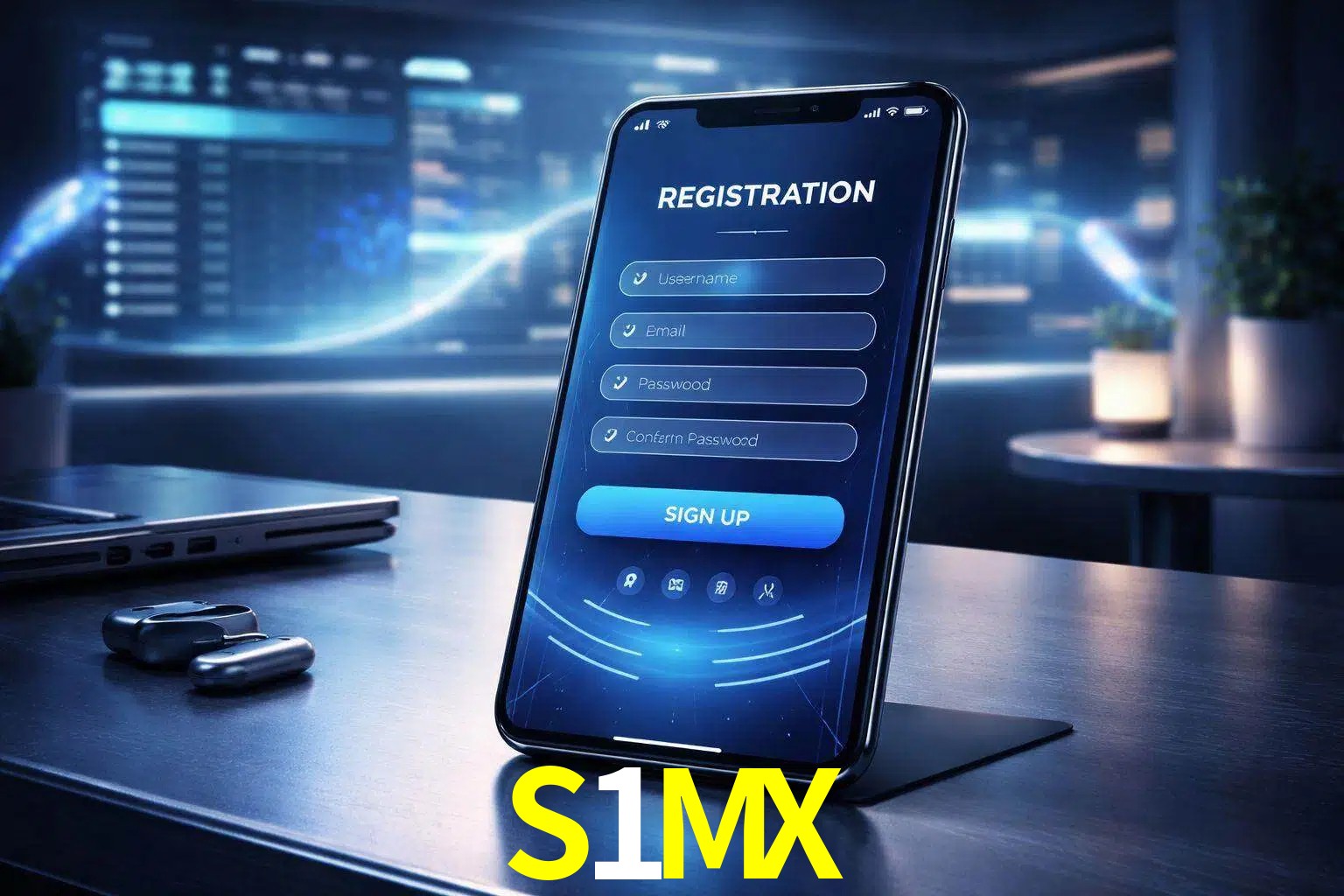 Una interfaz moderna de registro móvil para S1MX mostrada en un smartphone con un panel de apuestas elegante.